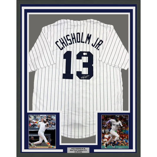 Framed Autographed Jazz Chisholm Jr. 35x39 New York Pinstripe Baseball Jersey Beckett BAS COA | Hall of Fame Sports Memorabilia | vintageantiquesgifts.com