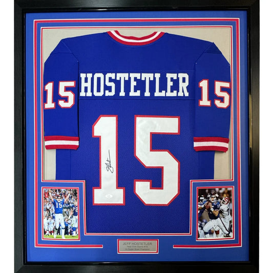 Framed Jeff Hostetler signed blue football jersey for your man cave decor