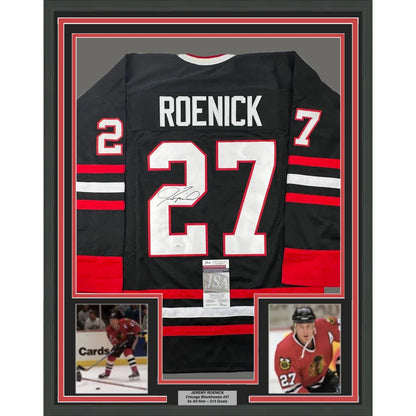 Professionally framed Jeremy Roenick autographed hockey jersey with photos and plaque