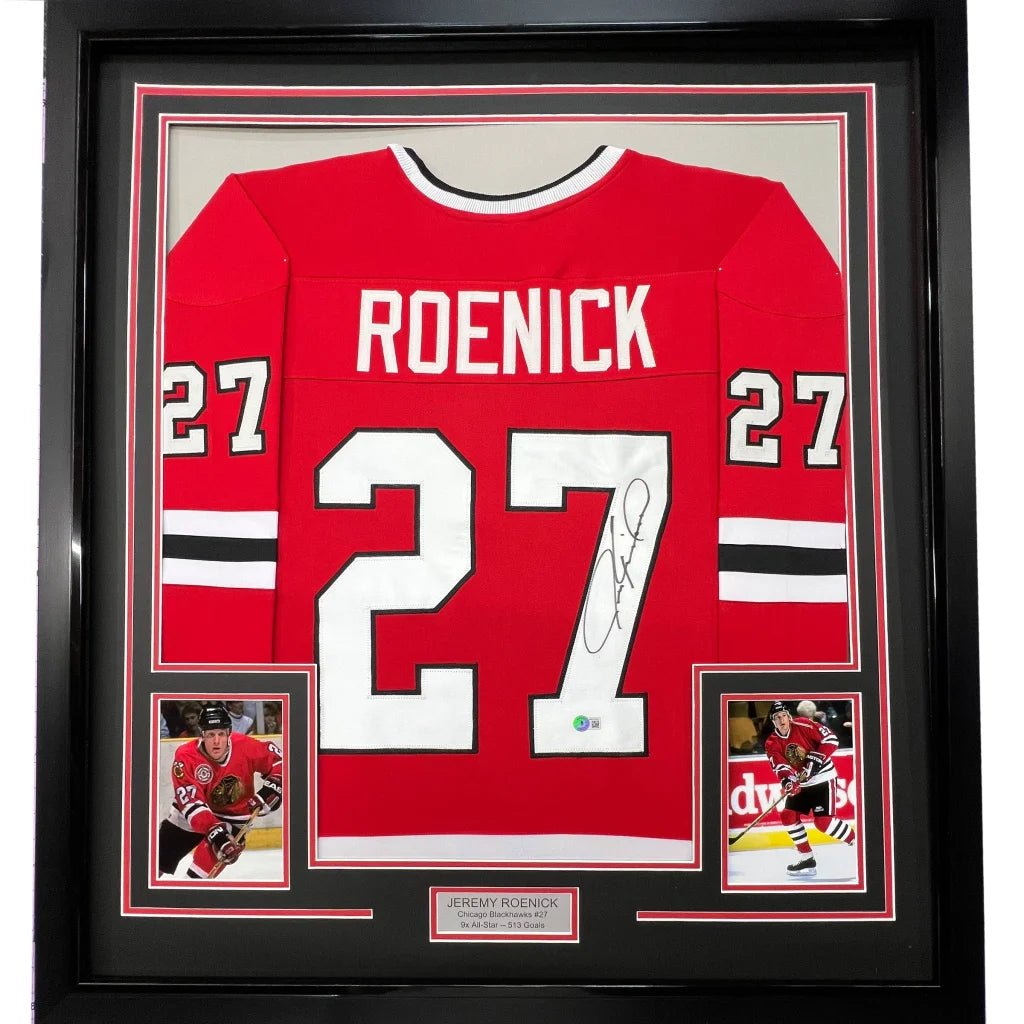 Framed Autographed Jeremy Roenick 35x39 Chicago Red Hockey Jersey JSA COA | Hall of Fame Sports Memorabilia | vintageantiquesgifts.com