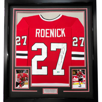 Framed Autographed Jeremy Roenick 35x39 Chicago Red Hockey Jersey JSA COA | Hall of Fame Sports Memorabilia | vintageantiquesgifts.com
