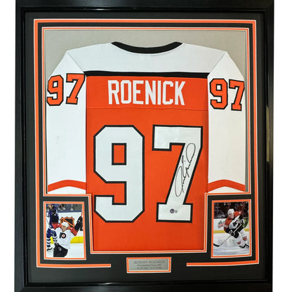 Framed Autographed Jeremy Roenick 35x39 Philadelphia Orange Hockey Jersey Beckett BAS COA | Hall of Fame Sports Memorabilia | vintageantiquesgifts.com