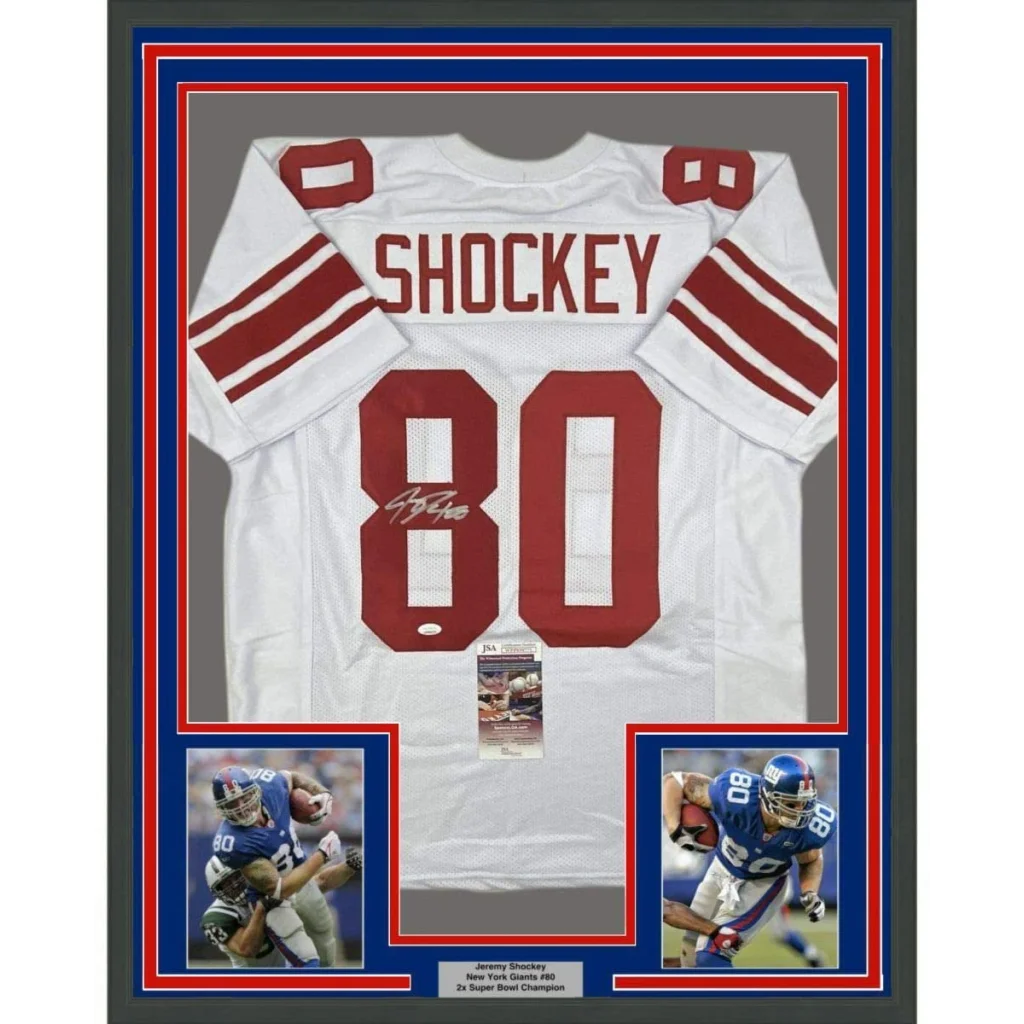Jeremy Shockey Giants jersey in a professional frame perfect for your man cave