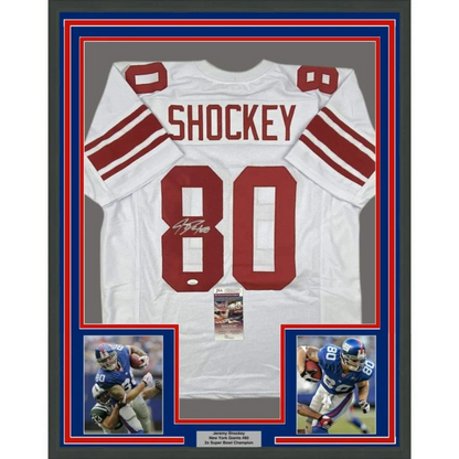 Jeremy Shockey Giants jersey in a professional frame perfect for your man cave