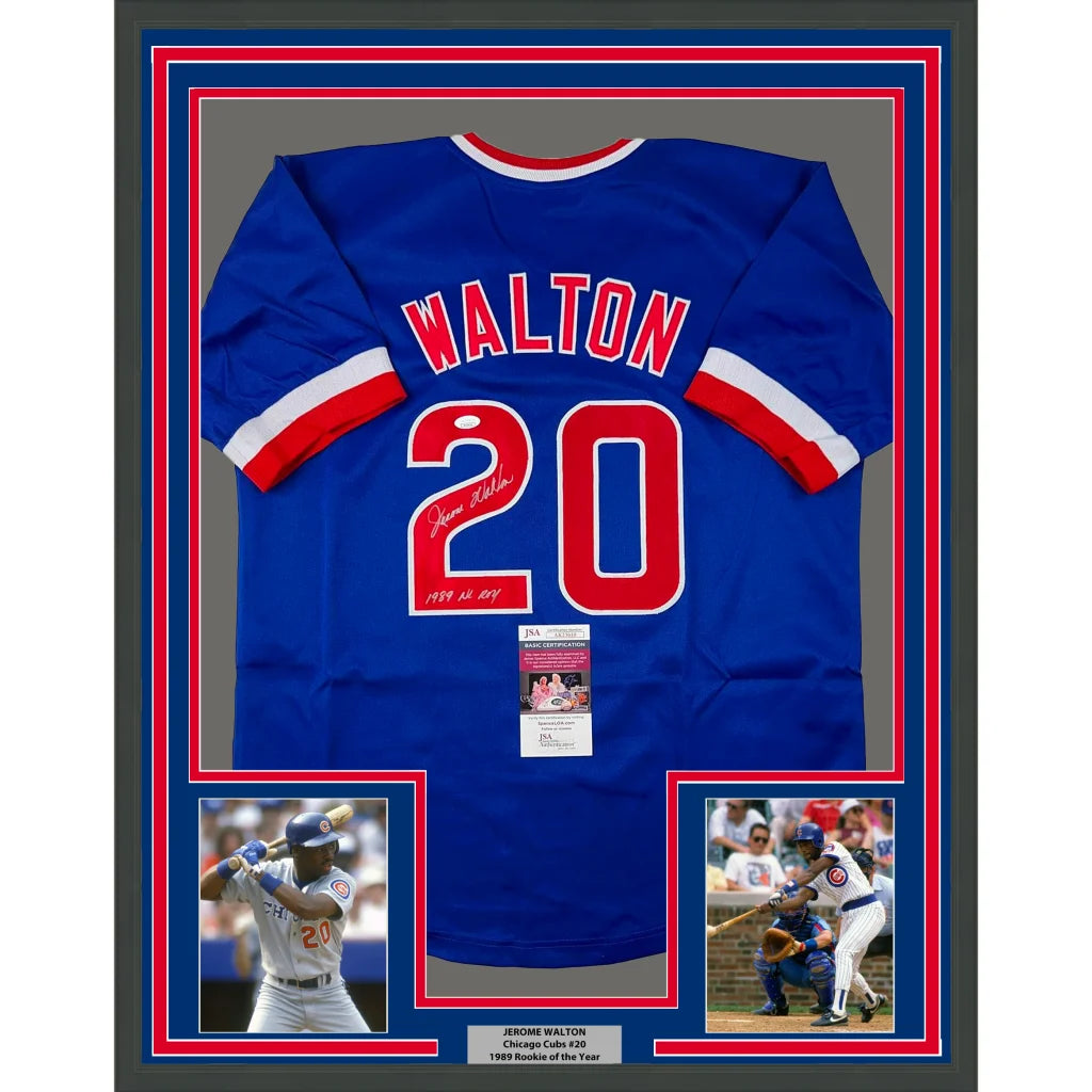 Framed Autographed Jerome Walton 35x39 1989 NL ROY Chicago Blue Baseball Jersey JSA COA | Hall of Fame Sports Memorabilia | vintageantiquesgifts.com