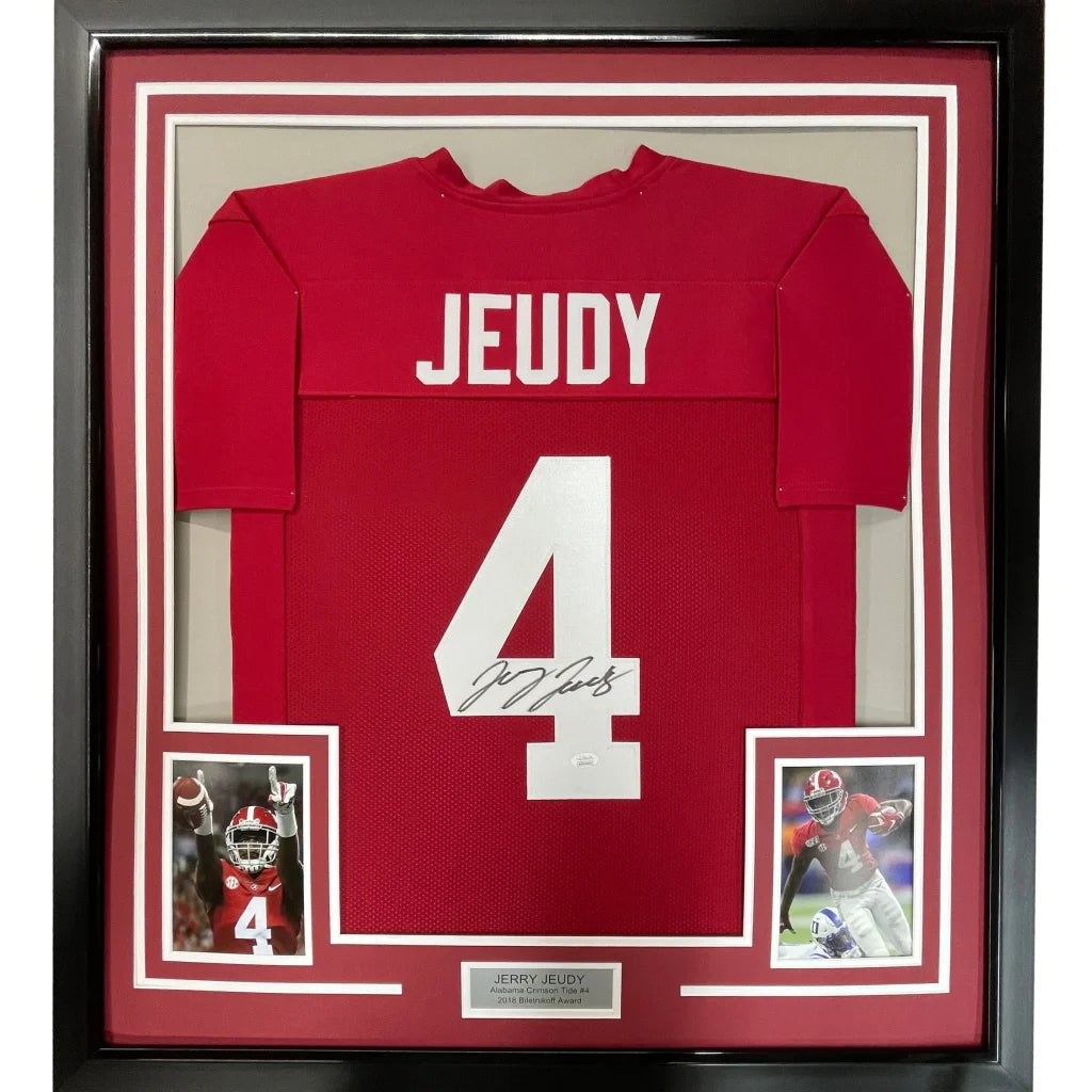 Professionally framed Jerry Jeudy autographed jersey with JSA COA for collectors