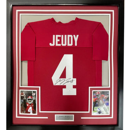 Professionally framed Jerry Jeudy autographed jersey with JSA COA for collectors