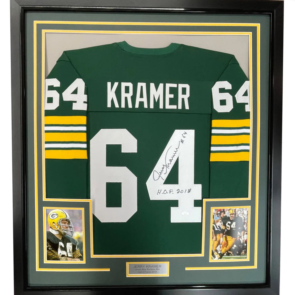 Framed Autographed Jerry Kramer HOF 2018 35x39 Green Bay Green Football Jersey JSA COA | Hall of Fame Sports Memorabilia | vintageantiquesgifts.com