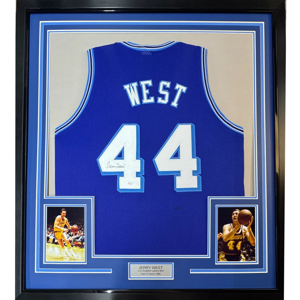 Framed autographed Jerry West blue LA Lakers jersey with white West 44 JSA COA
