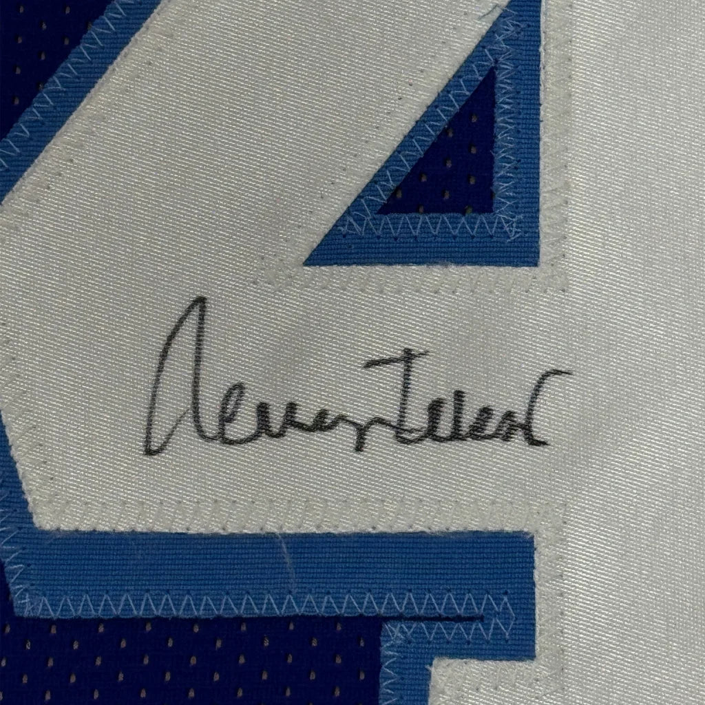 Framed autographed Jerry West LA blue retro jersey with number 4, JSA COA