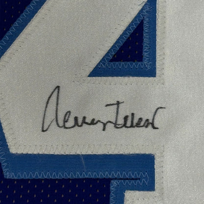 Framed autographed Jerry West LA blue retro jersey with number 4, JSA COA