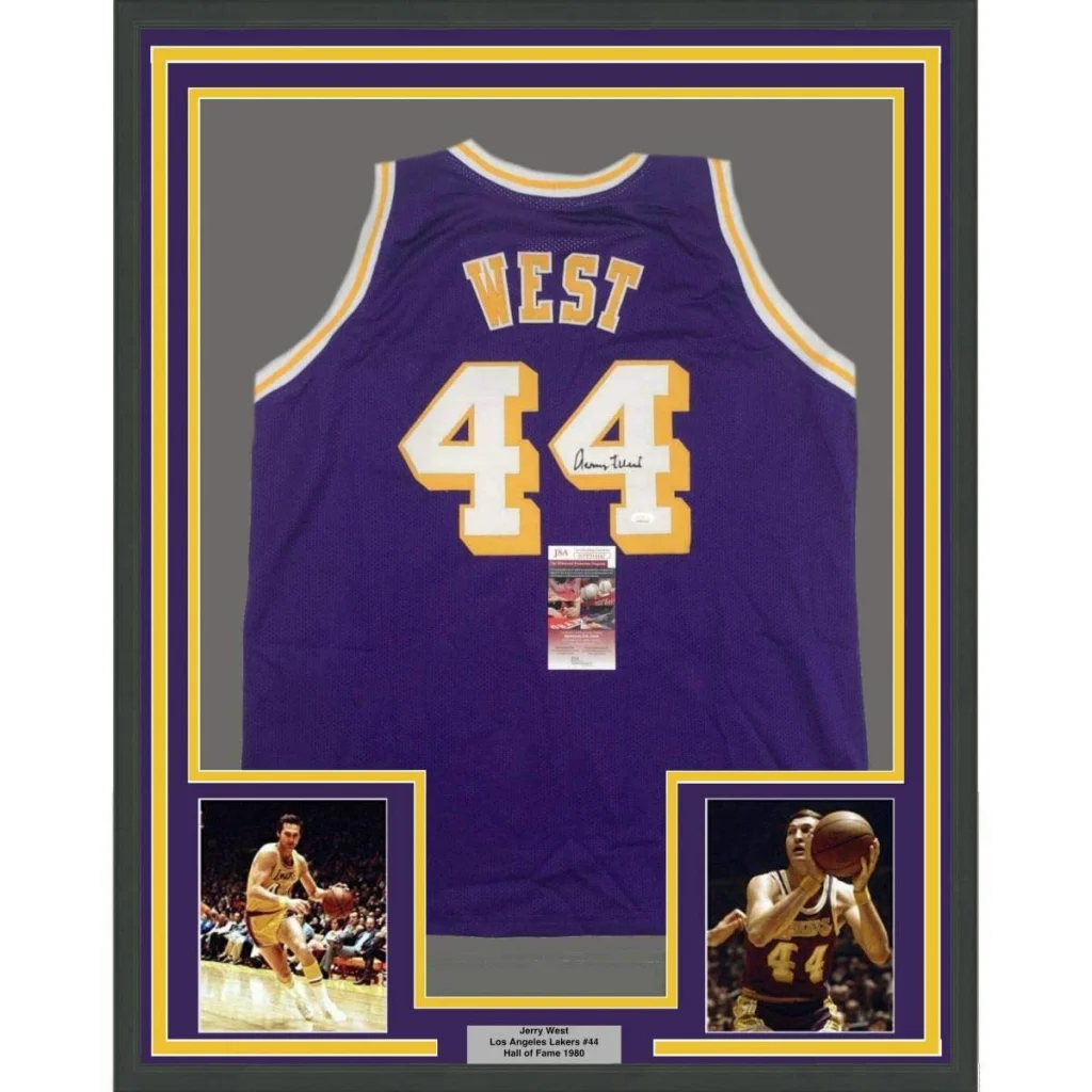 Framed signed Jerry West Lakers jersey with two action photos for the Legendary Lakers product