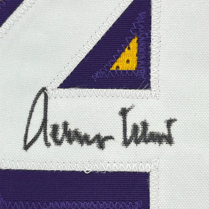 Framed autographed Jerry West LA yellow basketball jersey back with number 4