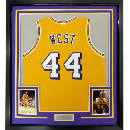 Framed autographed yellow LA Lakers Jerry West jersey back with No. 44 JSA COA