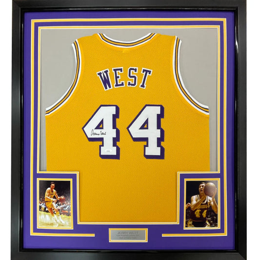 Framed autographed yellow LA Lakers Jerry West jersey back with No. 44 JSA COA