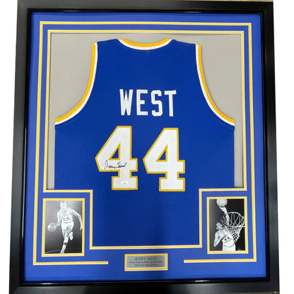 Framed Autographed Jerry West 35x39 West Virginia Blue College Basketball Jersey JSA COA | Hall of Fame Sports Memorabilia | vintageantiquesgifts.com