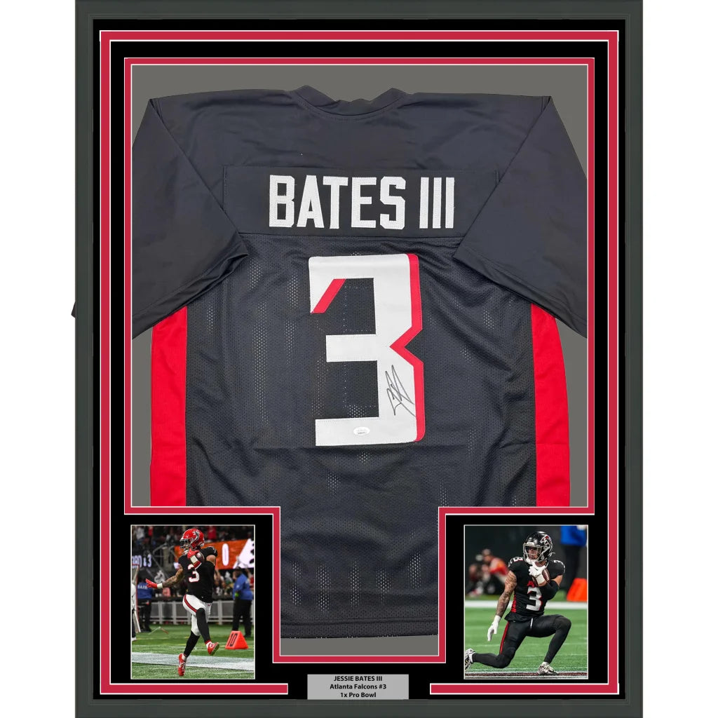 Framed Jesse Bates III autographed football jersey with action photos and plaque for man cave