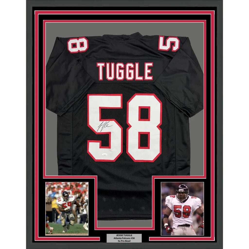 Framed Autographed Jessie Tuggle 35x39 Atlanta Black Football Jersey JSA COA | Hall of Fame Sports Memorabilia | vintageantiquesgifts.com