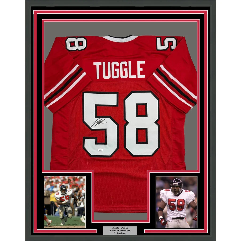 Framed Autographed Jessie Tuggle 35x39 Atlanta Red Football Jersey JSA COA | Hall of Fame Sports Memorabilia | vintageantiquesgifts.com