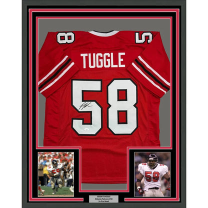 Framed Autographed Jessie Tuggle 35x39 Atlanta Red Football Jersey JSA COA | Hall of Fame Sports Memorabilia | vintageantiquesgifts.com