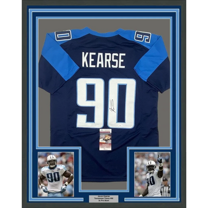 Image of the back side of a framed autographed navy and light blue tennessee titans jersey with white number 90 and name kearse signed by jevon kearse