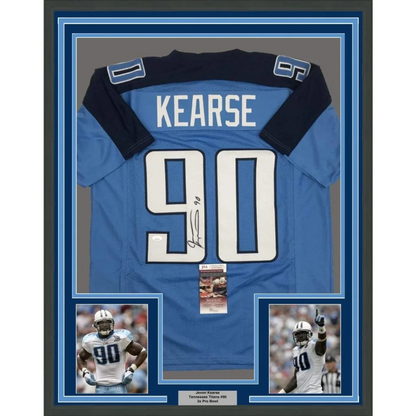Autographed Tennessee Titans Jevon Kearse jersey with photos in a frame ready for display