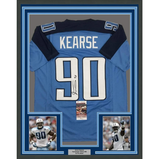 Autographed Tennessee Titans Jevon Kearse jersey with photos in a frame ready for display