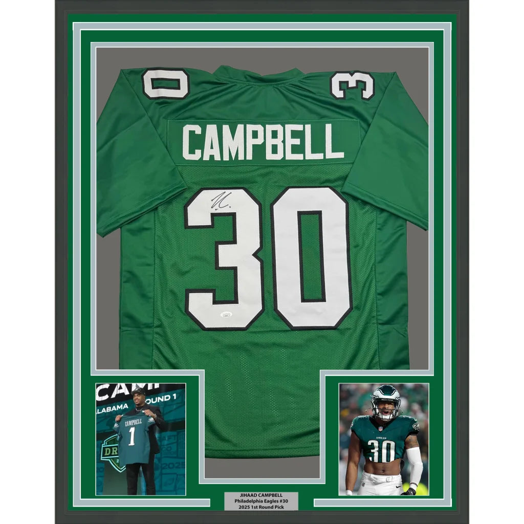Framed green Philadelphia Eagles jersey with white lettering for man cave