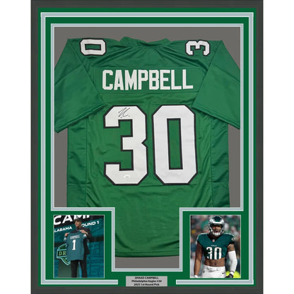 Framed green Philadelphia Eagles jersey with white lettering for man cave