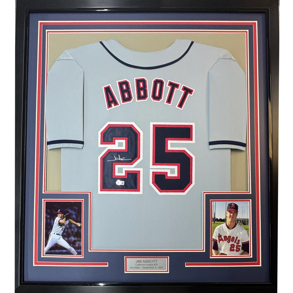 Framed Autographed Jim Abbott 35x39 California Grey Baseball Jersey Beckett BAS COA | Hall of Fame Sports Memorabilia | vintageantiquesgifts.com