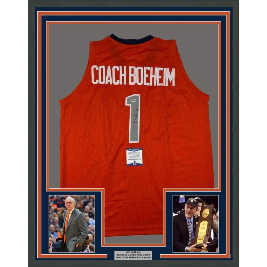 Framed Autographed Jim Boeheim 35x39 Syracuse Orange Coach College Basketball Jersey JSA COA | Hall of Fame Sports Memorabilia | vintageantiquesgifts.com