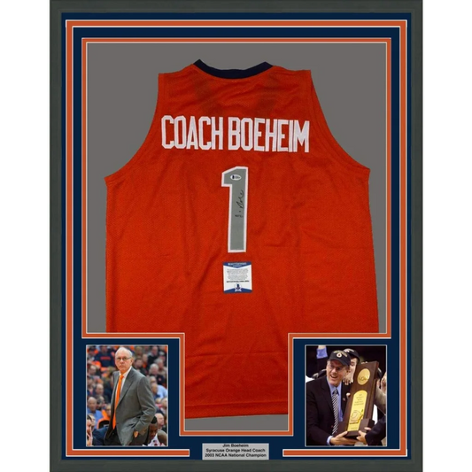Framed Autographed Jim Boeheim 35x39 Syracuse Orange Coach College Basketball Jersey JSA COA | Hall of Fame Sports Memorabilia | vintageantiquesgifts.com