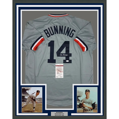 Framed Autographed Jim Bunning 35x39 Detroit Grey Baseball Jersey JSA COA | Hall of Fame Sports Memorabilia | vintageantiquesgifts.com