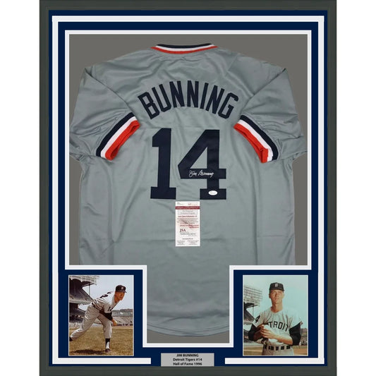 Framed Autographed Jim Bunning 35x39 Detroit Grey Baseball Jersey JSA COA | Hall of Fame Sports Memorabilia | vintageantiquesgifts.com