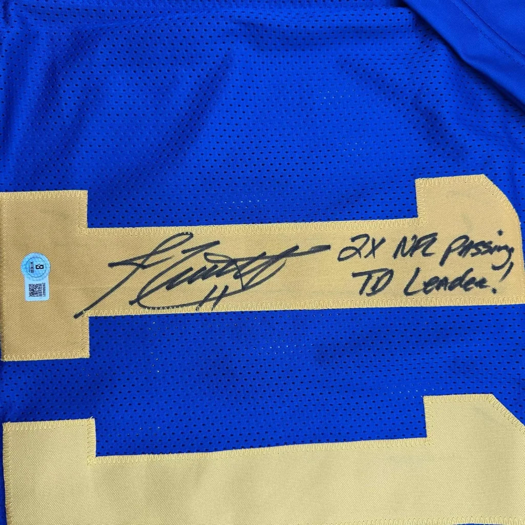Framed autographed Jim Everett blue and gold LA Rams football jersey with Beckett COA