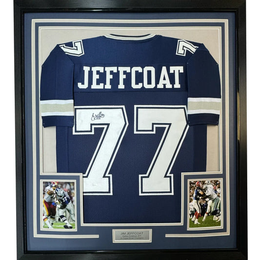 Framed Dallas Cowboys Jeffcoat jersey with two action photos for display