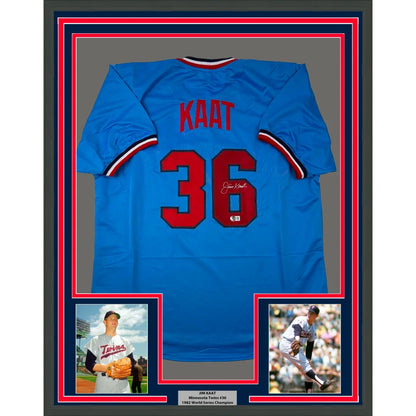Framed Autographed Jim Kaat 35x39 Minnesota Light Blue Baseball Jersey Beckett BAS COA | Hall of Fame Sports Memorabilia | vintageantiquesgifts.com