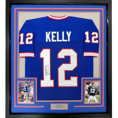Autographed Blue Football Jersey with Kelly 12 back framed for display