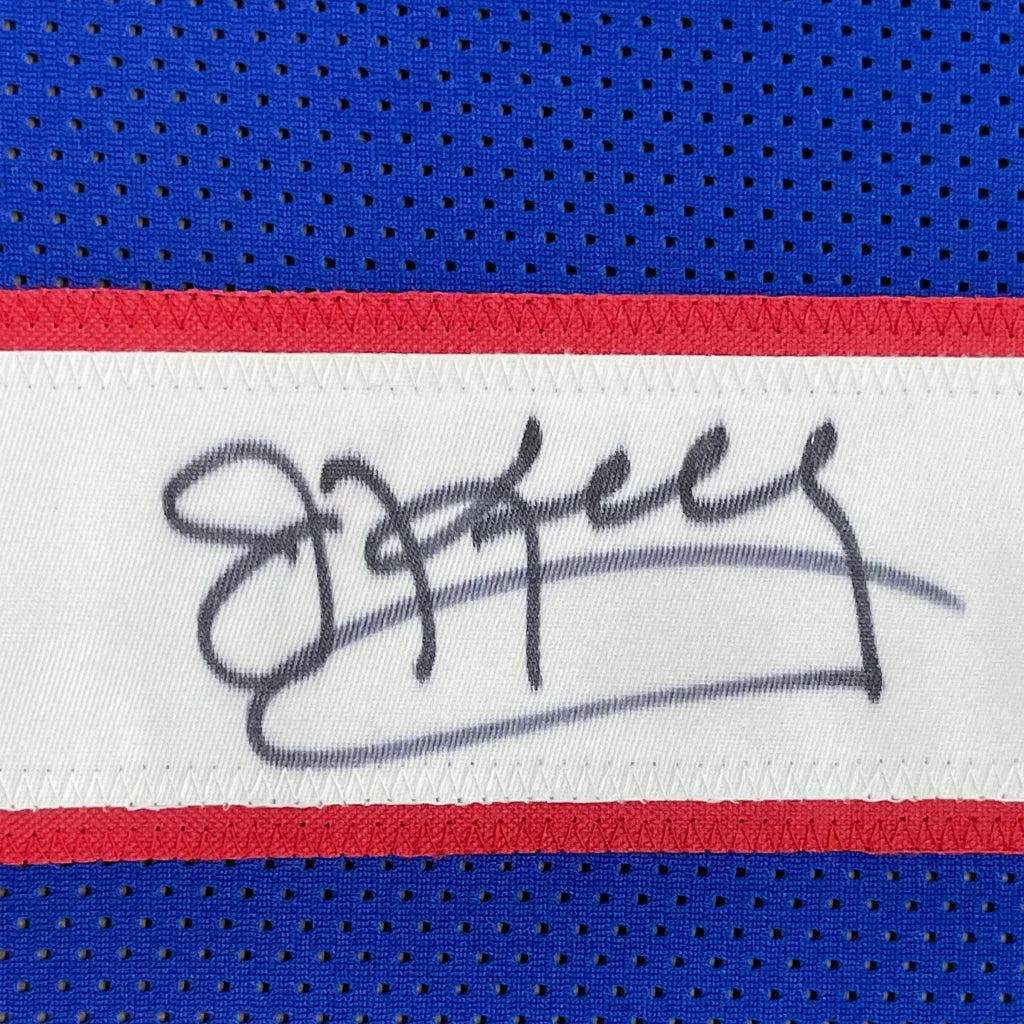 Blue athletic jersey with red and white stripe and black autograph from Kelly 12 Jersey