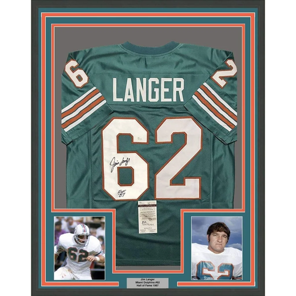 Framed Jim Langer Miami Dolphins jersey with photos and authenticity certificate