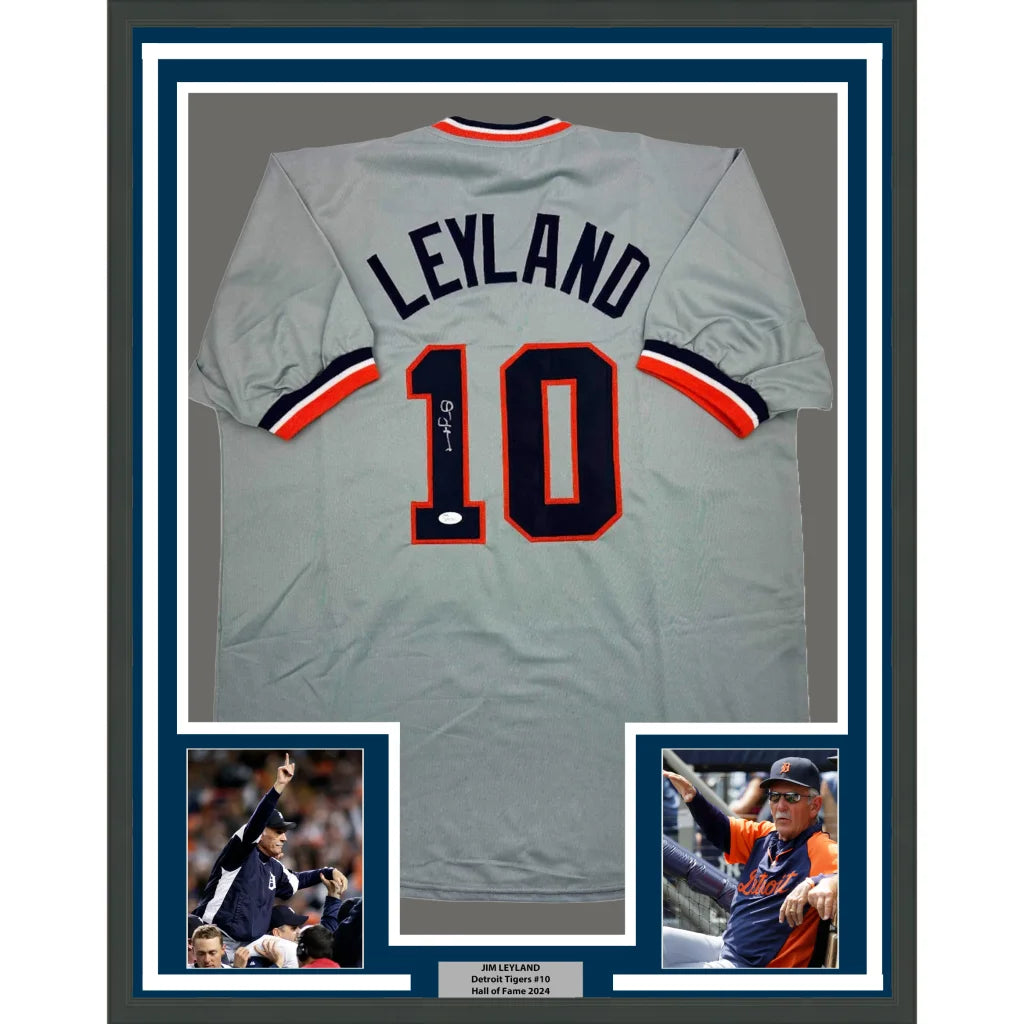 Framed Autographed Jim Leyland 35x39 Detroit Grey Baseball Jersey JSA COA | Hall of Fame Sports Memorabilia | vintageantiquesgifts.com