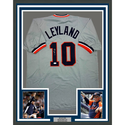 Framed Autographed Jim Leyland 35x39 Detroit Grey Baseball Jersey JSA COA | Hall of Fame Sports Memorabilia | vintageantiquesgifts.com