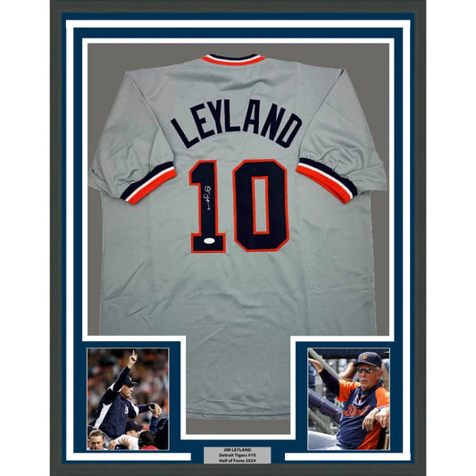 Framed Autographed Jim Leyland 35x39 Detroit Grey Baseball Jersey JSA COA | Hall of Fame Sports Memorabilia | vintageantiquesgifts.com