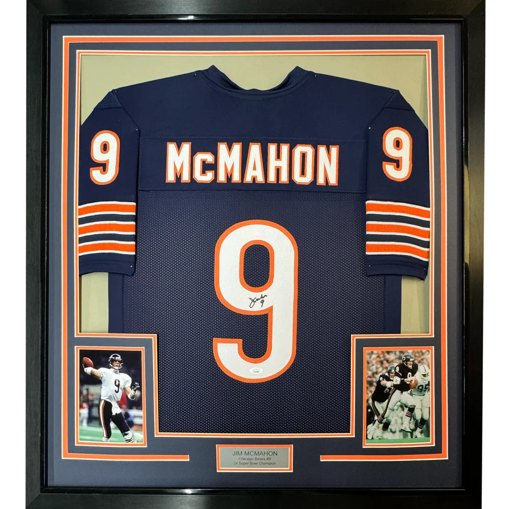 Framed Jim McMahon Chicago Bears autographed jersey with action photos for your man cave