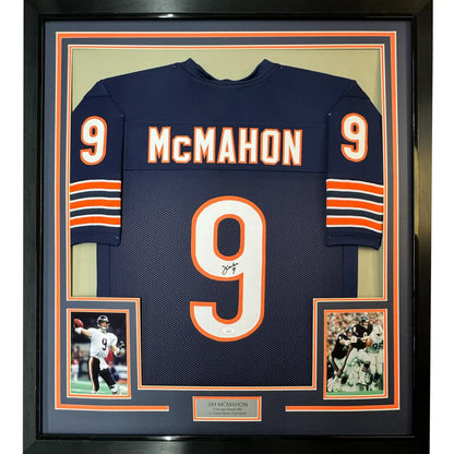 Framed Jim McMahon Chicago Bears autographed jersey with action photos for your man cave