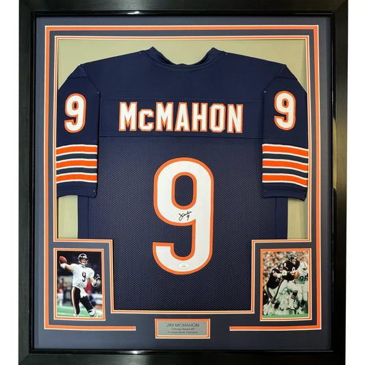 Framed Jim McMahon Chicago Bears autographed jersey with action photos for your man cave