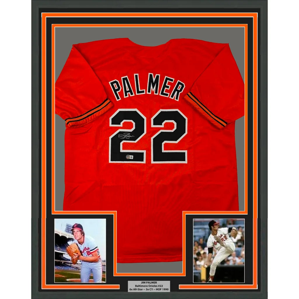 Framed Jim Palmer signed Orioles jersey with photos ready to hang on your wall