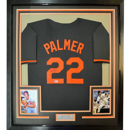 Framed autographed Jim Palmer HOF black Baltimore jersey with Palmer 22
