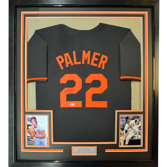 Framed autographed Jim Palmer HOF black Baltimore jersey with Palmer 22