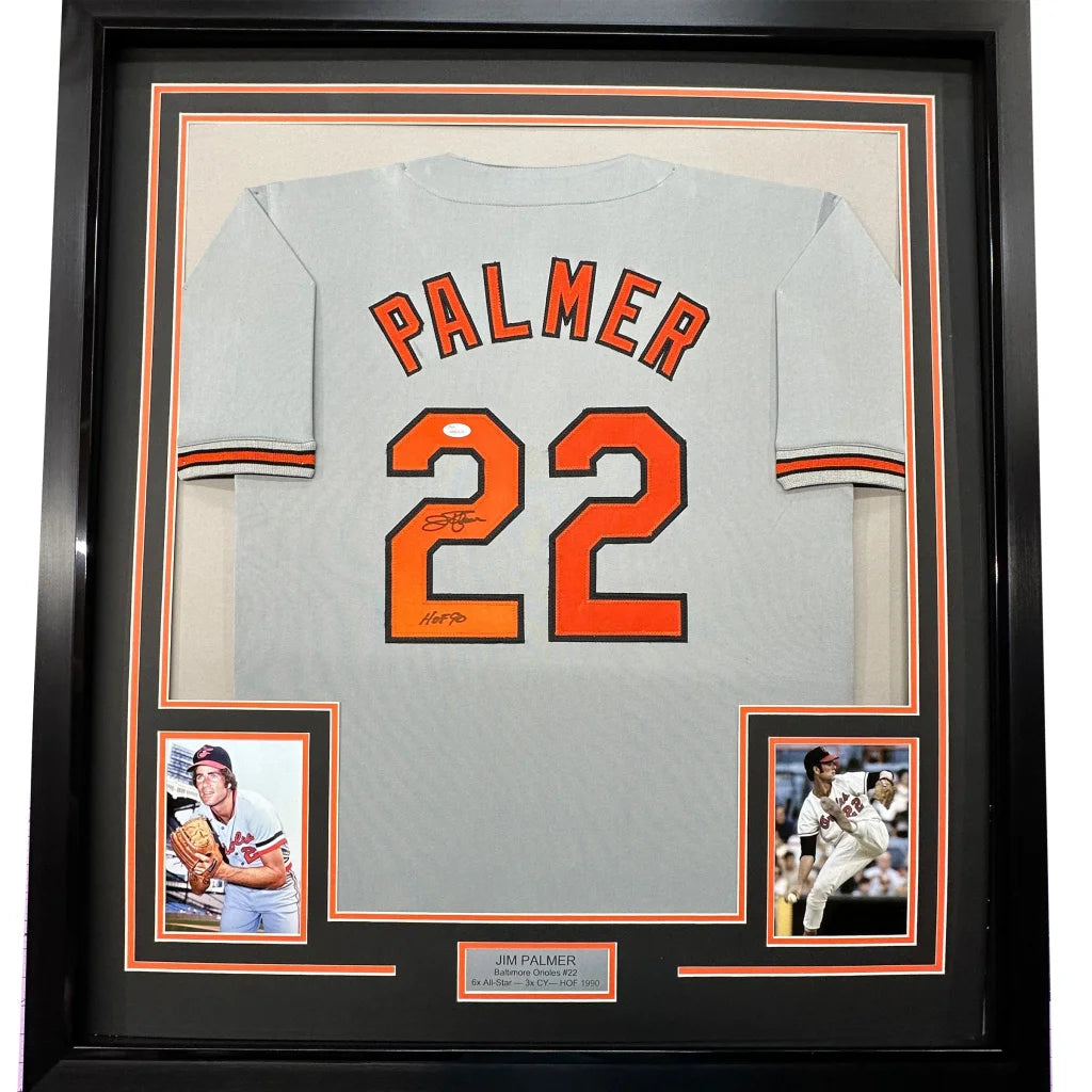 Framed Autographed Jim Palmer HOF 1990 35x39 Baltimore Grey Baseball Jersey JSA COA | Hall of Fame Sports Memorabilia | vintageantiquesgifts.com